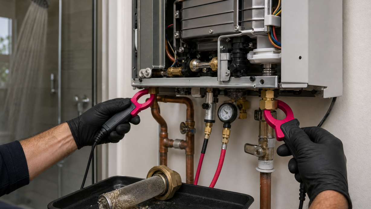 Why Does a Tankless Water Heater Go Cold Mid-Shower in Roseville? Technician testing flow and temperature on a wall-mounted tankless water heater in Roseville