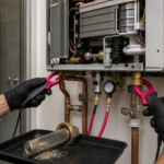 Why Does a Tankless Water Heater Go Cold Mid-Shower in Roseville? Technician testing flow and temperature on a wall-mounted tankless water heater in Roseville