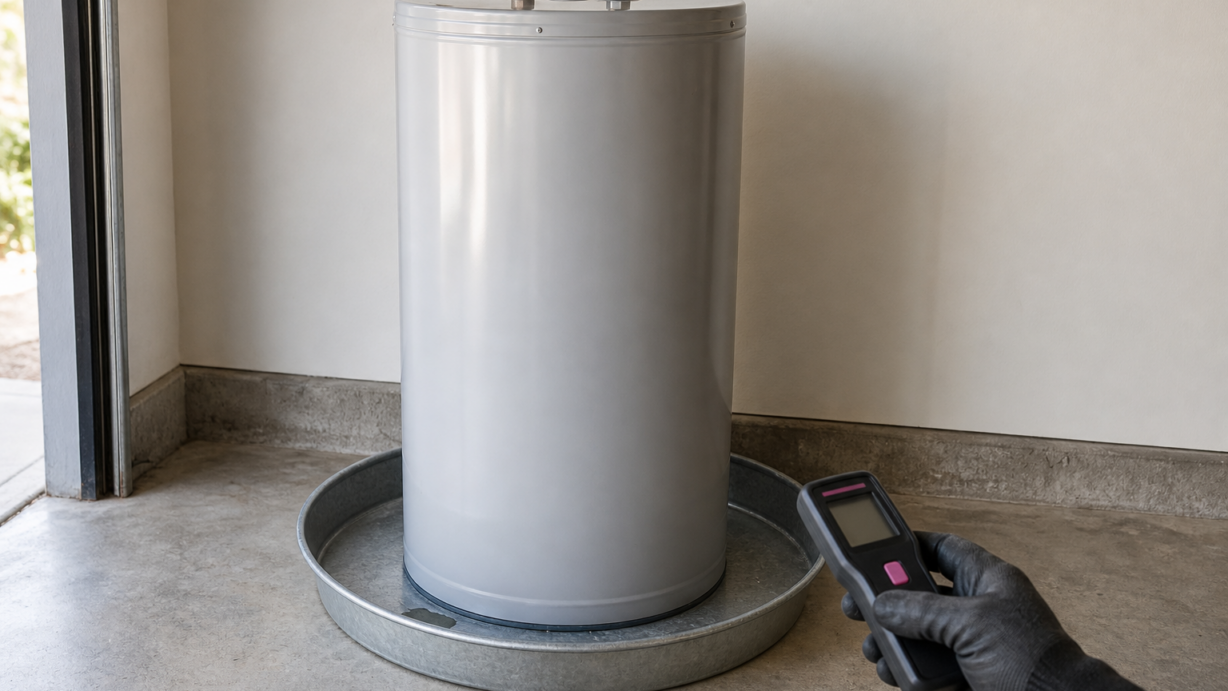 Why Is There Water in the Drain Pan Under My Water Heater? Storage water heater above a mostly dry drain pan with one small puddle while a moisture meter checks nearby