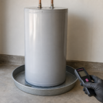 Why Is There Water in the Drain Pan Under My Water Heater? Storage water heater above a mostly dry drain pan with one small puddle while a moisture meter checks nearby