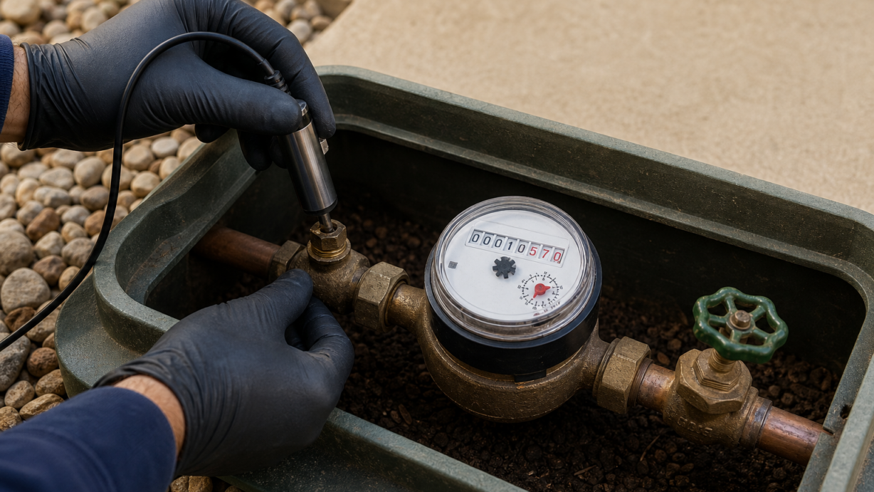 Why Is My Water Meter Still Moving When Every Fixture Is Off? Gloved plumber using an acoustic sensor beside a residential water meter and shutoff valve