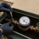 Why Is My Water Meter Still Moving When Every Fixture Is Off? Gloved plumber using an acoustic sensor beside a residential water meter and shutoff valve